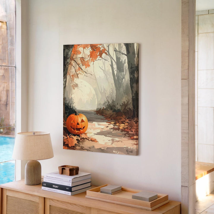 Glowing Pumpkin Forest Trail Canvas – Serene Halloween Morning Art - Gifitto