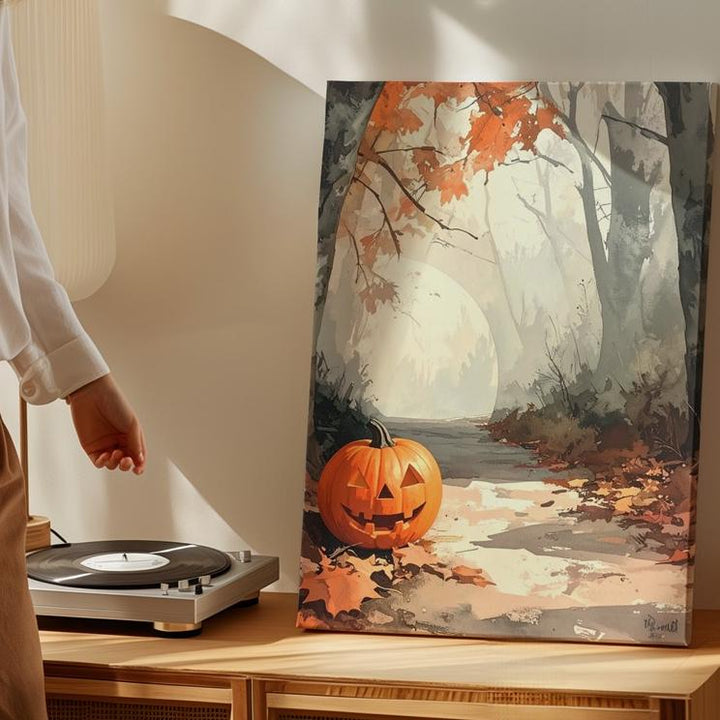 Glowing Pumpkin Forest Trail Canvas – Serene Halloween Morning Art - Gifitto