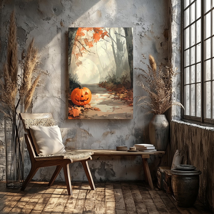 Glowing Pumpkin Forest Trail Canvas – Serene Halloween Morning Art - Gifitto
