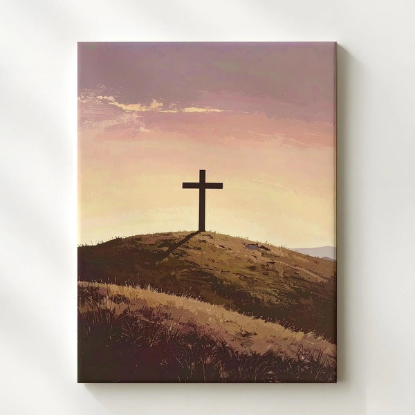 Lone Cross on Hill Canvas – Minimalist Christian Wall Art of Stillness, Faith, and Sunrise Light - Gifitto