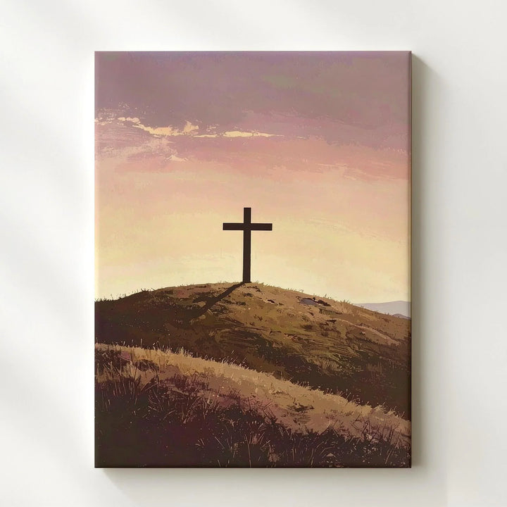 Lone Cross on Hill Canvas – Minimalist Christian Wall Art of Stillness, Faith, and Sunrise Light - Gifitto