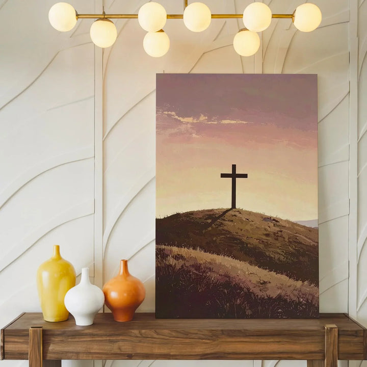 Lone Cross on Hill Canvas – Minimalist Christian Wall Art of Stillness, Faith, and Sunrise Light - Gifitto