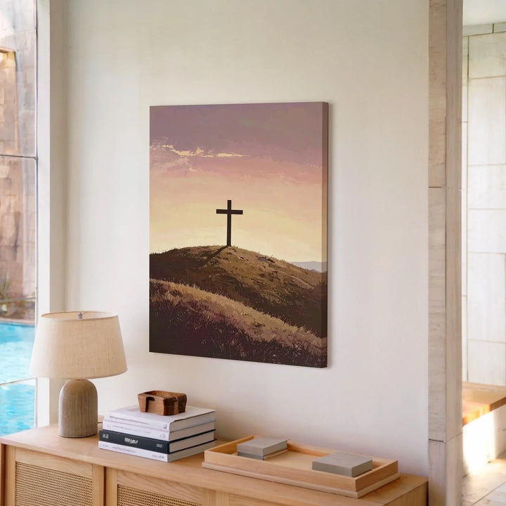 Lone Cross on Hill Canvas – Minimalist Christian Wall Art of Stillness, Faith, and Sunrise Light - Gifitto