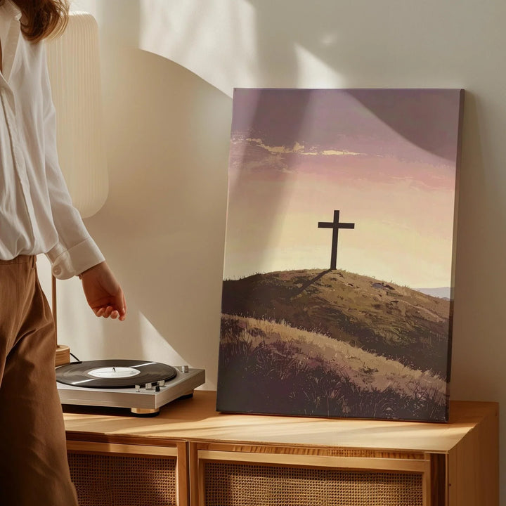Lone Cross on Hill Canvas – Minimalist Christian Wall Art of Stillness, Faith, and Sunrise Light - Gifitto