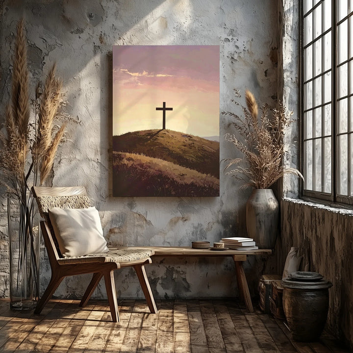 Lone Cross on Hill Canvas – Minimalist Christian Wall Art of Stillness, Faith, and Sunrise Light - Gifitto