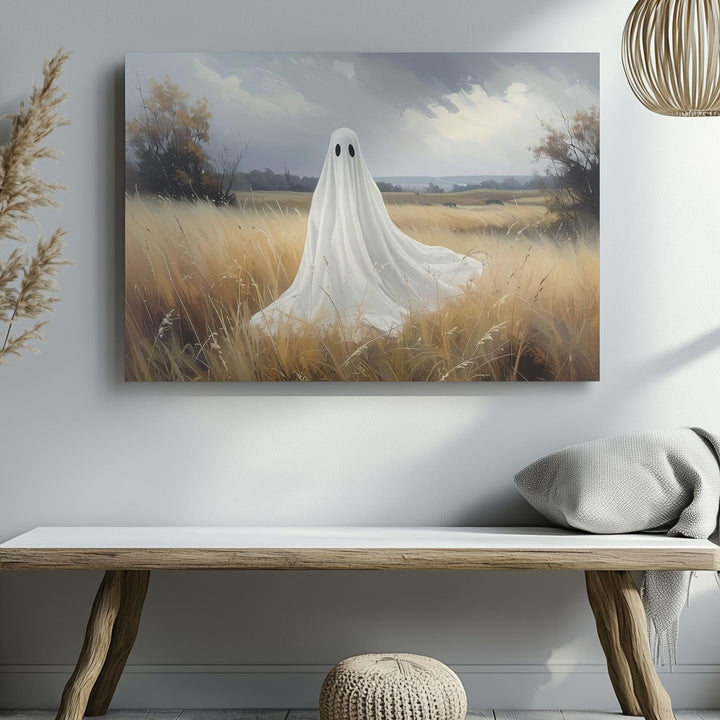 Pastoral Ghost Canvas – Minimalist Spirit in Autumn Field - Gifitto