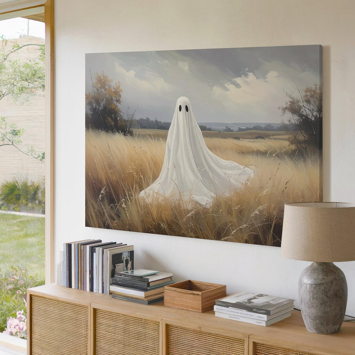 Pastoral Ghost Canvas – Minimalist Spirit in Autumn Field - Gifitto