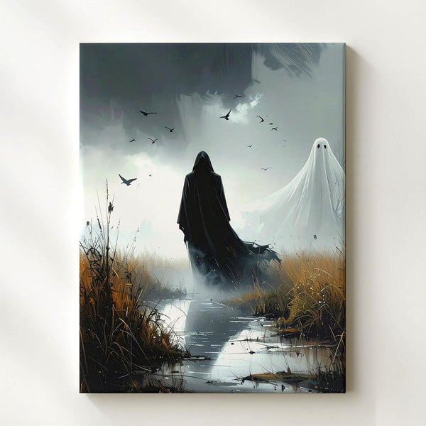 Lone Ghost in Misty Field Canvas – Cinematic Halloween Suspense Art - Gifitto