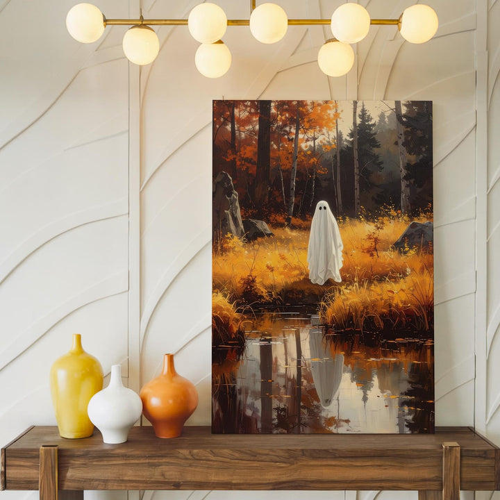 Ghost by Autumn Pond Canvas – Reflective Halloween Nature Wall Art - Gifitto