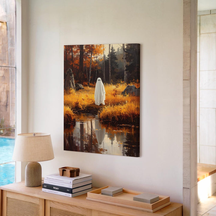 Ghost by Autumn Pond Canvas – Reflective Halloween Nature Wall Art - Gifitto