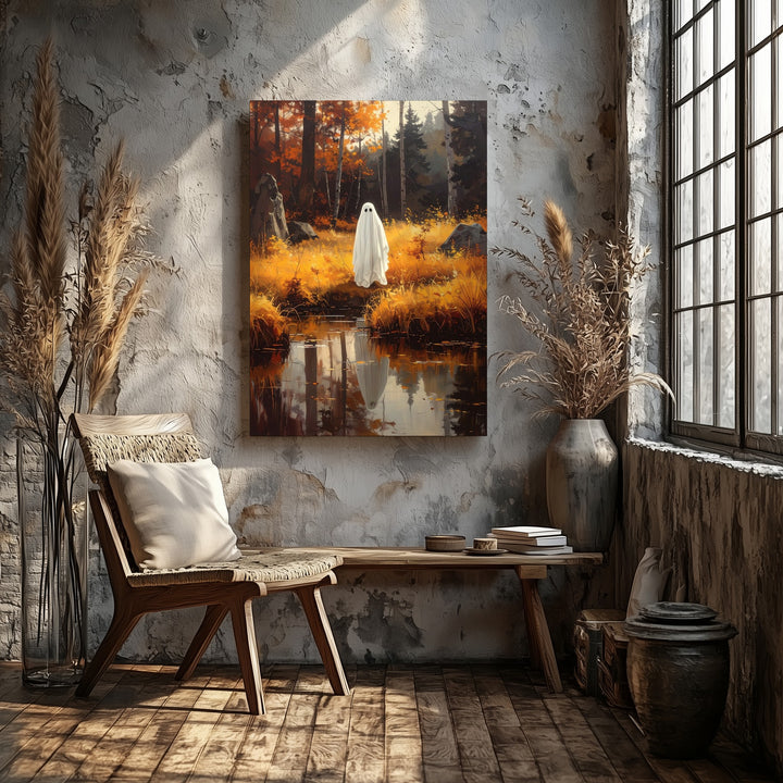 Ghost by Autumn Pond Canvas – Reflective Halloween Nature Wall Art - Gifitto