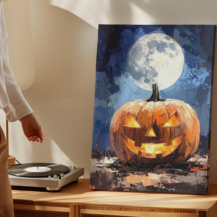 Solitary Jack-O’-Lantern Canvas – Moonlit Halloween Night Art - Gifitto