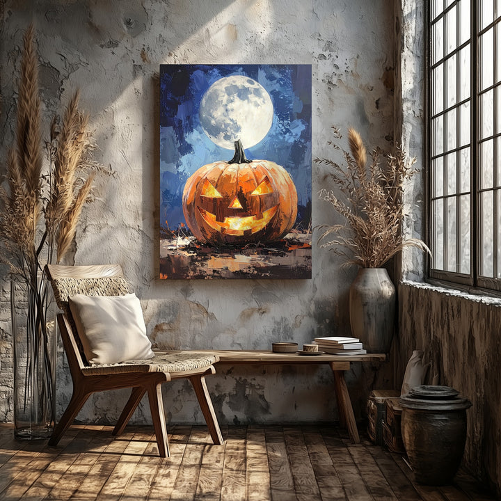 Solitary Jack-O’-Lantern Canvas – Moonlit Halloween Night Art - Gifitto
