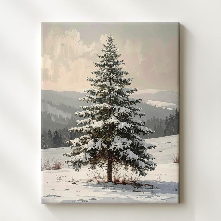 Snow-Covered Pine Tree Canvas – Serene Winter Landscape Wall Art - Gifitto