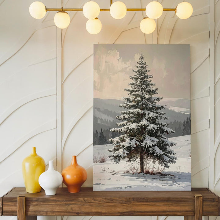 Snow-Covered Pine Tree Canvas – Serene Winter Landscape Wall Art - Gifitto