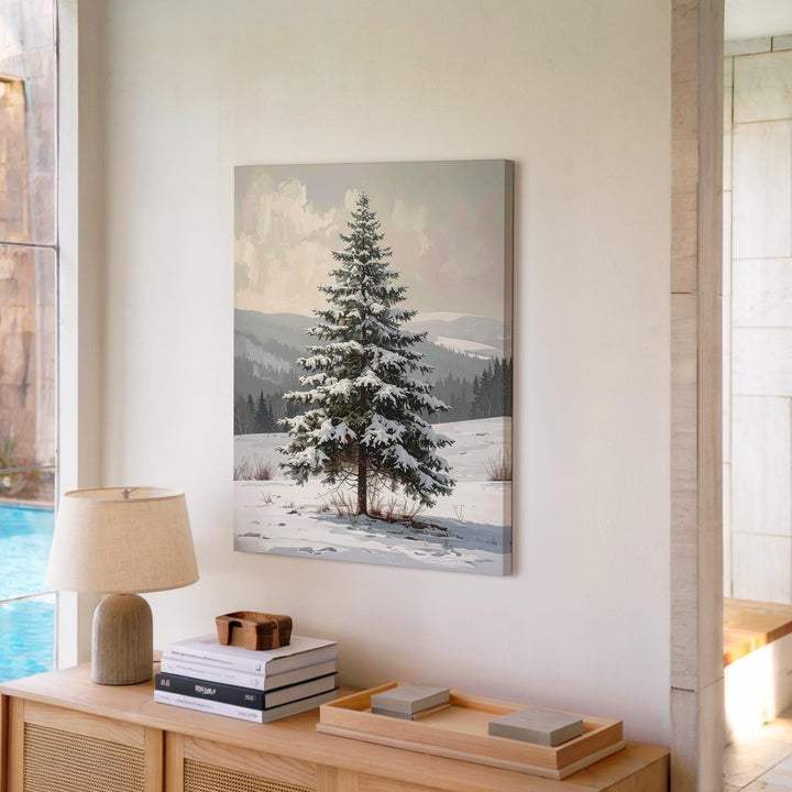 Snow-Covered Pine Tree Canvas – Serene Winter Landscape Wall Art - Gifitto