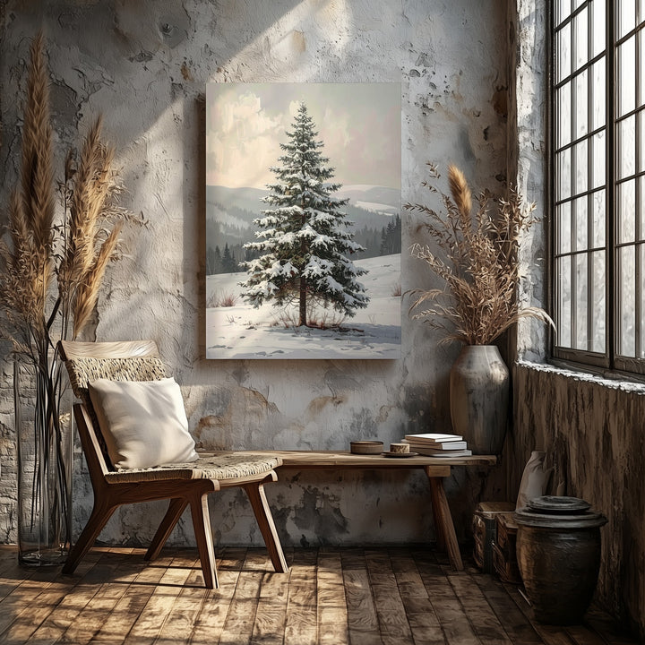 Snow-Covered Pine Tree Canvas – Serene Winter Landscape Wall Art - Gifitto