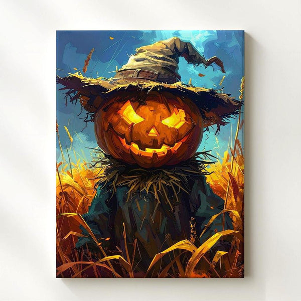 Haunted Scarecrow in Harvest Field Canvas – Rustic Halloween Folk Art - Gifitto