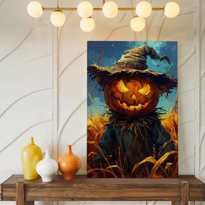 Haunted Scarecrow in Harvest Field Canvas – Rustic Halloween Folk Art - Gifitto