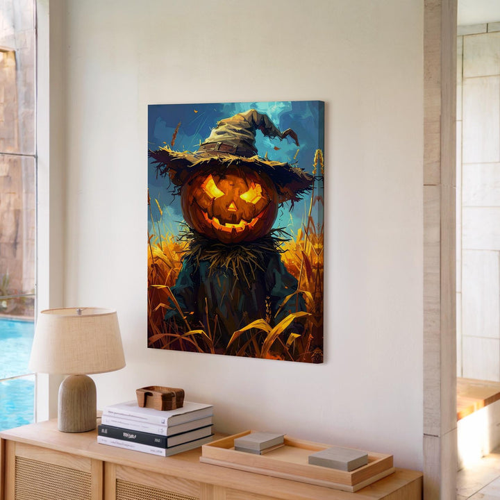 Haunted Scarecrow in Harvest Field Canvas – Rustic Halloween Folk Art - Gifitto