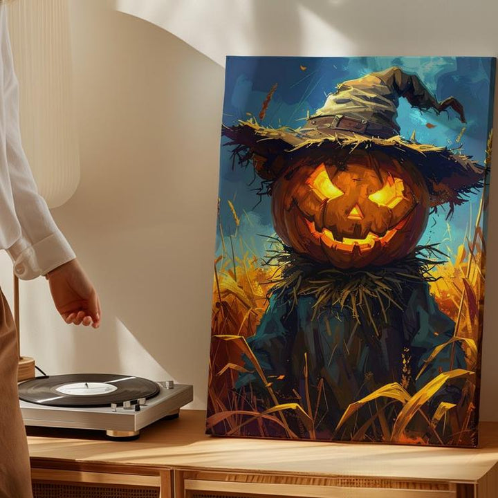 Haunted Scarecrow in Harvest Field Canvas – Rustic Halloween Folk Art - Gifitto