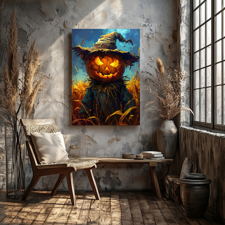 Haunted Scarecrow in Harvest Field Canvas – Rustic Halloween Folk Art - Gifitto