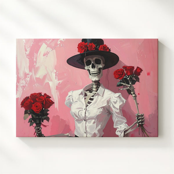 Flirtatious Skeleton Canvas – Rose-Hatted Dandy in Painterly Pink - Gifitto