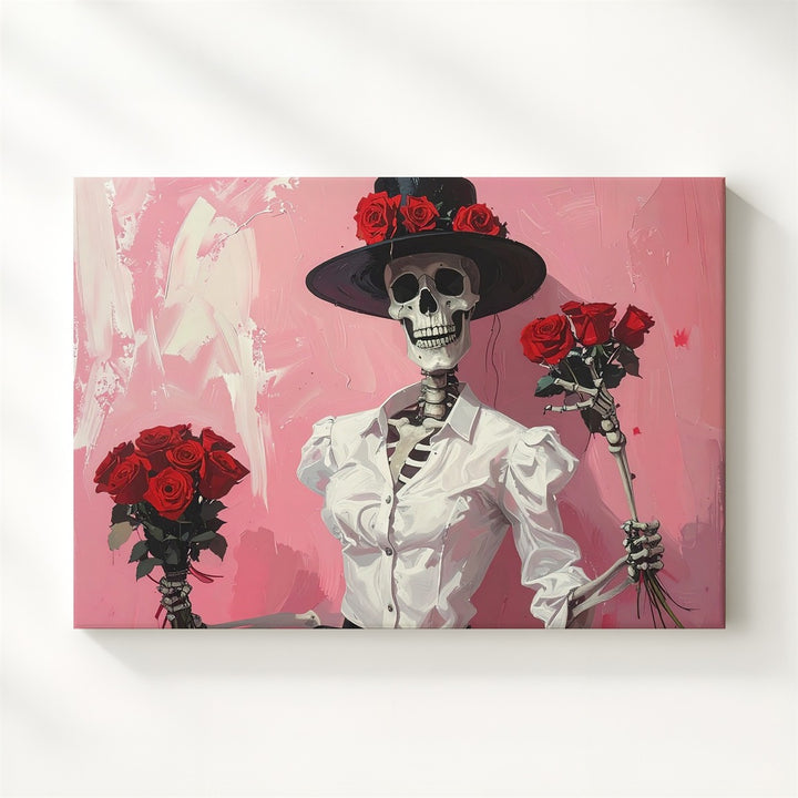 Flirtatious Skeleton Canvas – Rose-Hatted Dandy in Painterly Pink - Gifitto