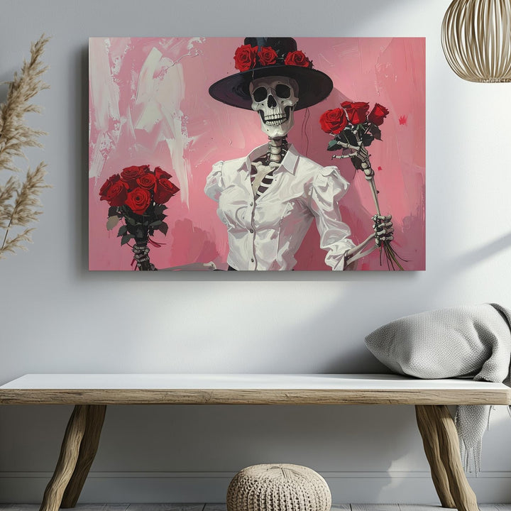 Flirtatious Skeleton Canvas – Rose-Hatted Dandy in Painterly Pink - Gifitto