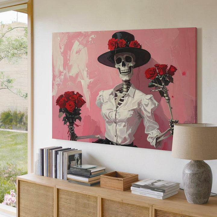 Flirtatious Skeleton Canvas – Rose-Hatted Dandy in Painterly Pink - Gifitto