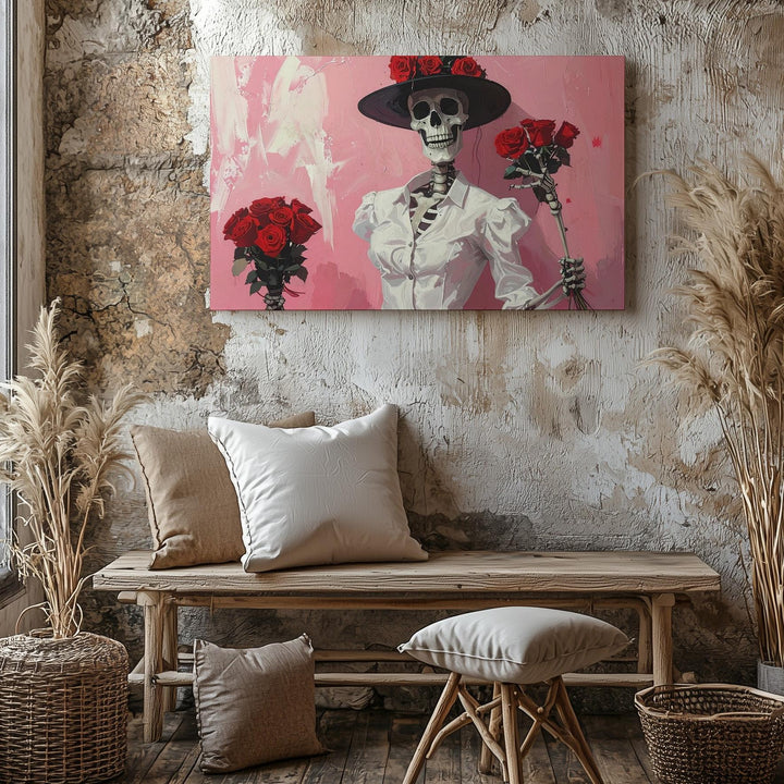 Flirtatious Skeleton Canvas – Rose-Hatted Dandy in Painterly Pink - Gifitto