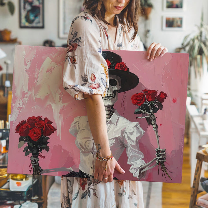 Flirtatious Skeleton Canvas – Rose-Hatted Dandy in Painterly Pink - Gifitto