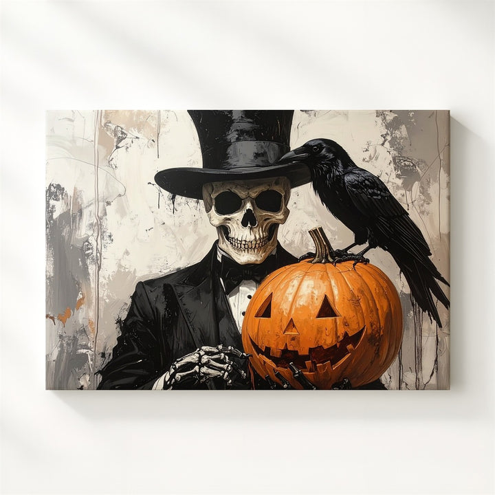 Victorian Skeleton Gentleman Canvas – Macabre Jack-O’-Lantern & Crow Art - Gifitto