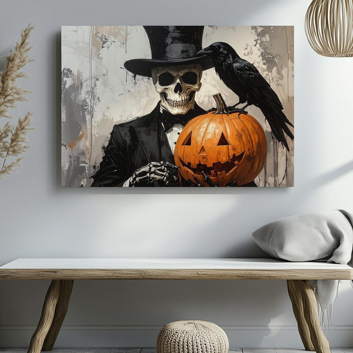 Victorian Skeleton Gentleman Canvas – Macabre Jack-O’-Lantern & Crow Art - Gifitto