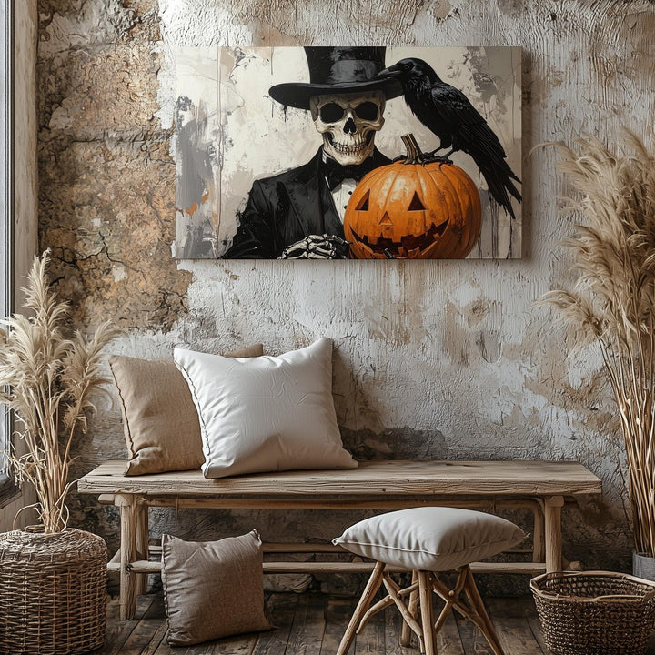 Victorian Skeleton Gentleman Canvas – Macabre Jack-O’-Lantern & Crow Art - Gifitto