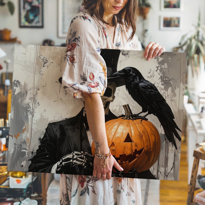 Victorian Skeleton Gentleman Canvas – Macabre Jack-O’-Lantern & Crow Art - Gifitto