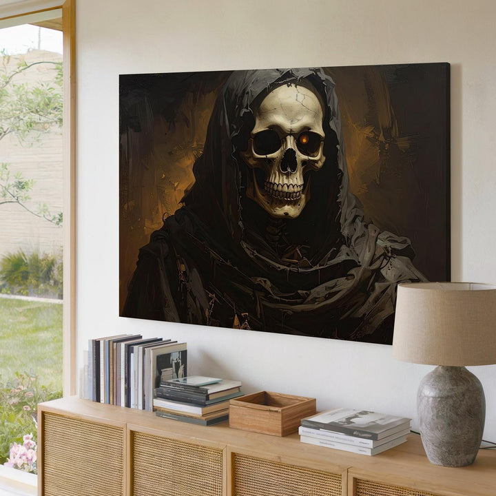 Candlelit Skeletal Monk Canvas – Mystical Halloween Portrait of Mortality - Gifitto