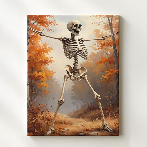 Welcoming Skeleton in Autumn Forest Canvas – Cheerful Halloween Woodland Art - Gifitto