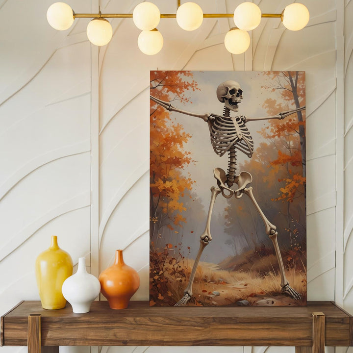 Welcoming Skeleton in Autumn Forest Canvas – Cheerful Halloween Woodland Art - Gifitto