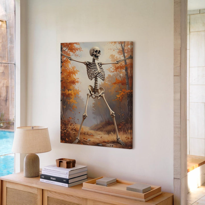 Welcoming Skeleton in Autumn Forest Canvas – Cheerful Halloween Woodland Art - Gifitto