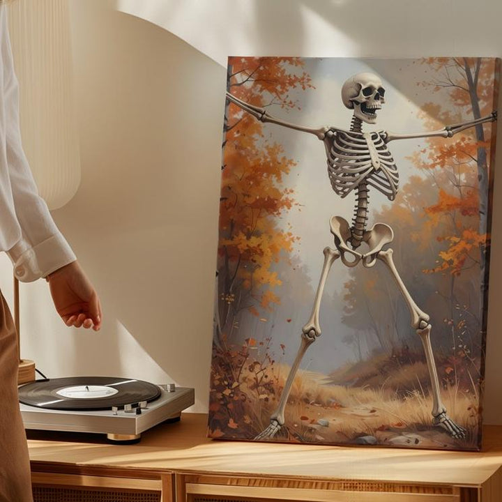 Welcoming Skeleton in Autumn Forest Canvas – Cheerful Halloween Woodland Art - Gifitto