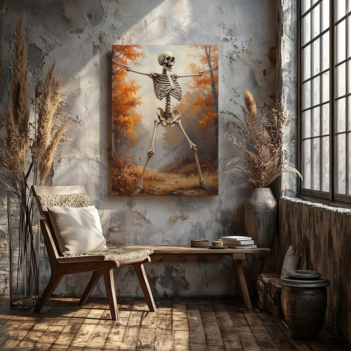 Welcoming Skeleton in Autumn Forest Canvas – Cheerful Halloween Woodland Art - Gifitto