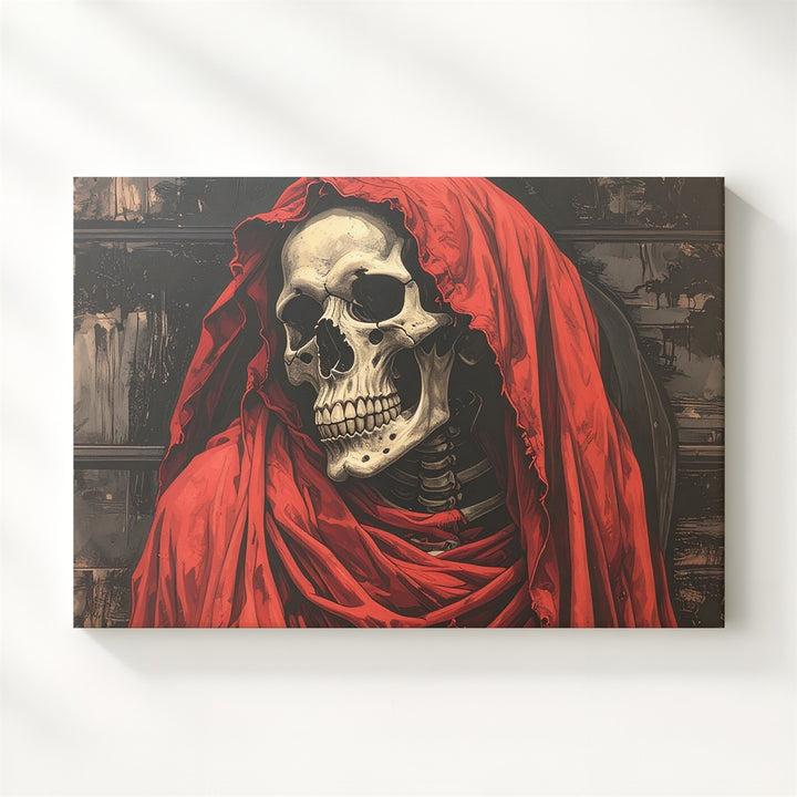 Red-Cloaked Skeleton Canvas – Symbolic Death Guardian Halloween Art - Gifitto
