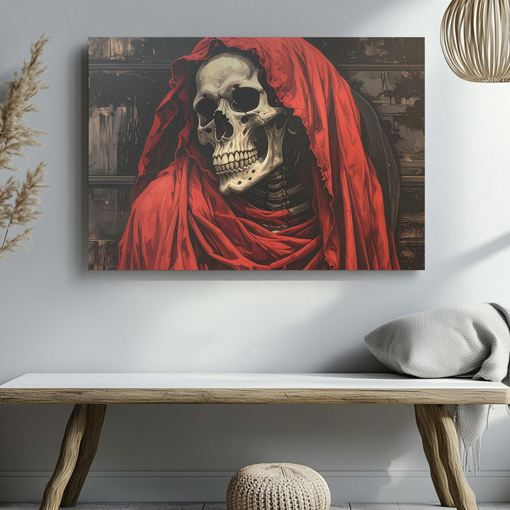 Red-Cloaked Skeleton Canvas – Symbolic Death Guardian Halloween Art - Gifitto