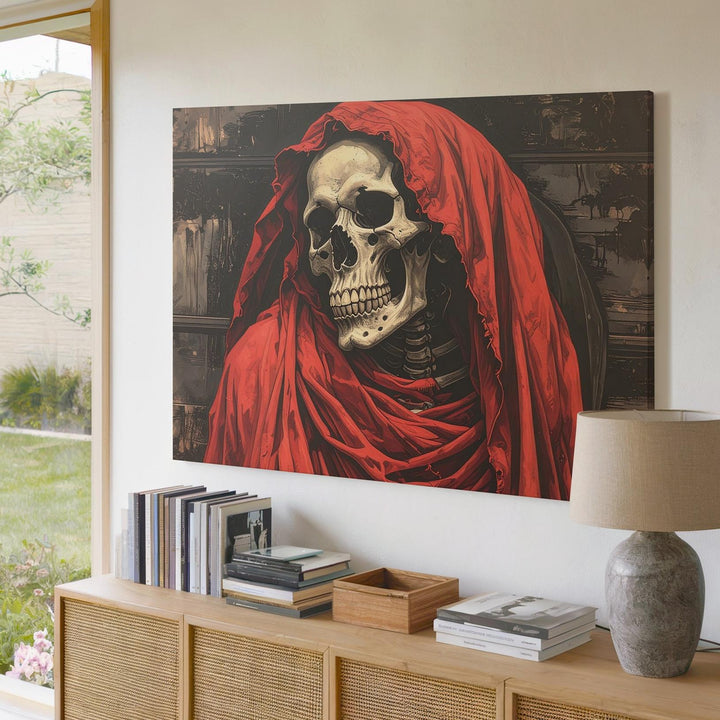Red-Cloaked Skeleton Canvas – Symbolic Death Guardian Halloween Art - Gifitto
