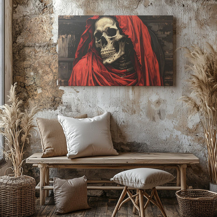 Red-Cloaked Skeleton Canvas – Symbolic Death Guardian Halloween Art - Gifitto