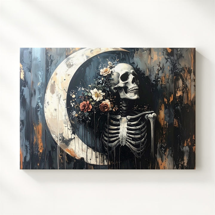 Skeleton & Crescent Moon Canvas – Surreal Symbolic Death Dreamscape Art - Gifitto