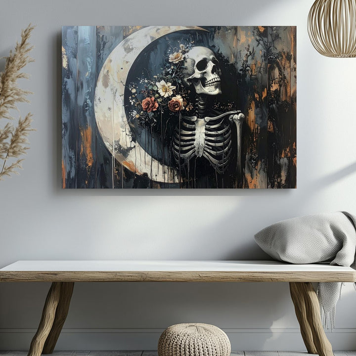 Skeleton & Crescent Moon Canvas – Surreal Symbolic Death Dreamscape Art - Gifitto
