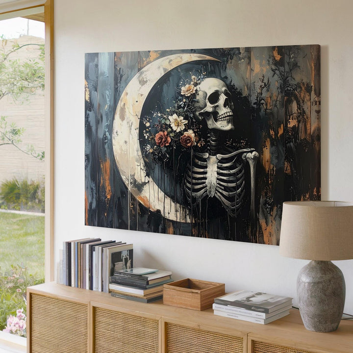 Skeleton & Crescent Moon Canvas – Surreal Symbolic Death Dreamscape Art - Gifitto