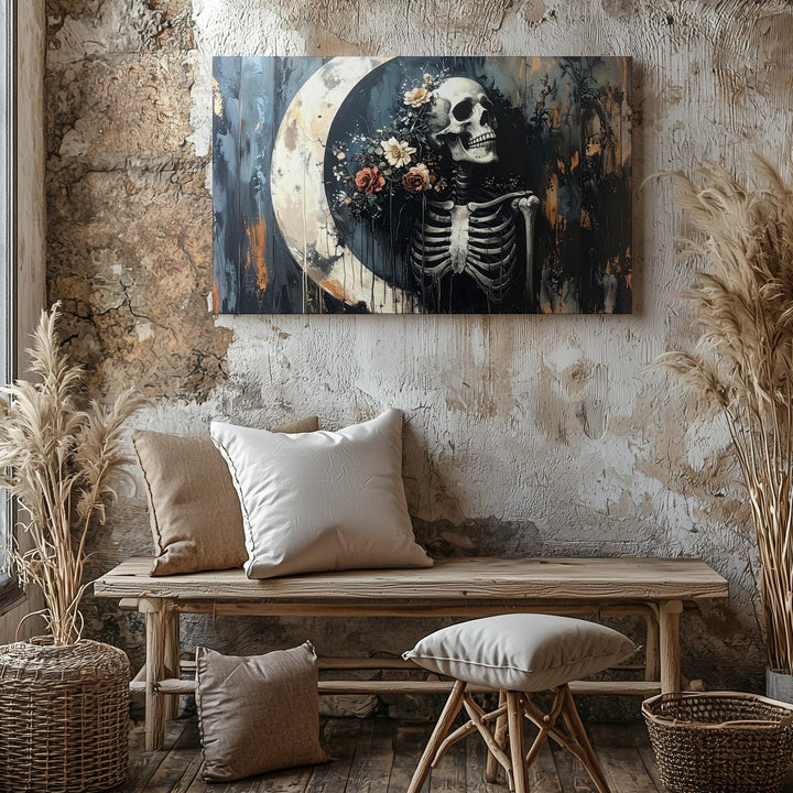 Skeleton & Crescent Moon Canvas – Surreal Symbolic Death Dreamscape Art - Gifitto